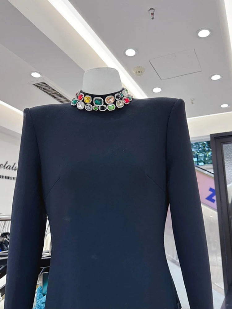 Women's Colorful Diamond Standing Neck Long Sleeve Dress.