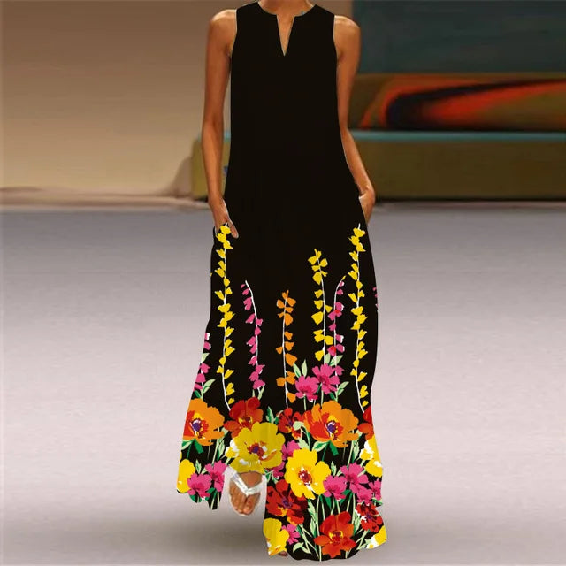 3D Floral Printed Dress Summer Vintage V-neck Sleeveless Loose Maxi Dress Elegant.
