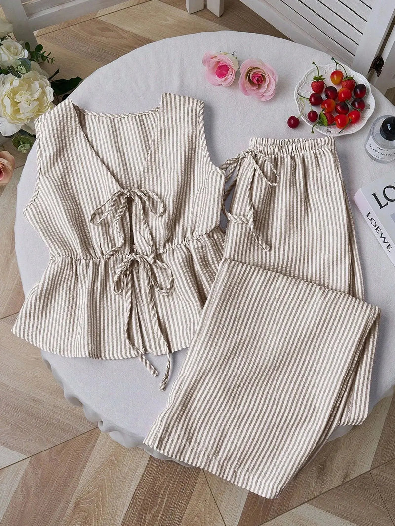 Summer Two Piece Set Women Striped V Neck Lace Up Sleeveless Blouse High Waist Wide Leg Pants.
