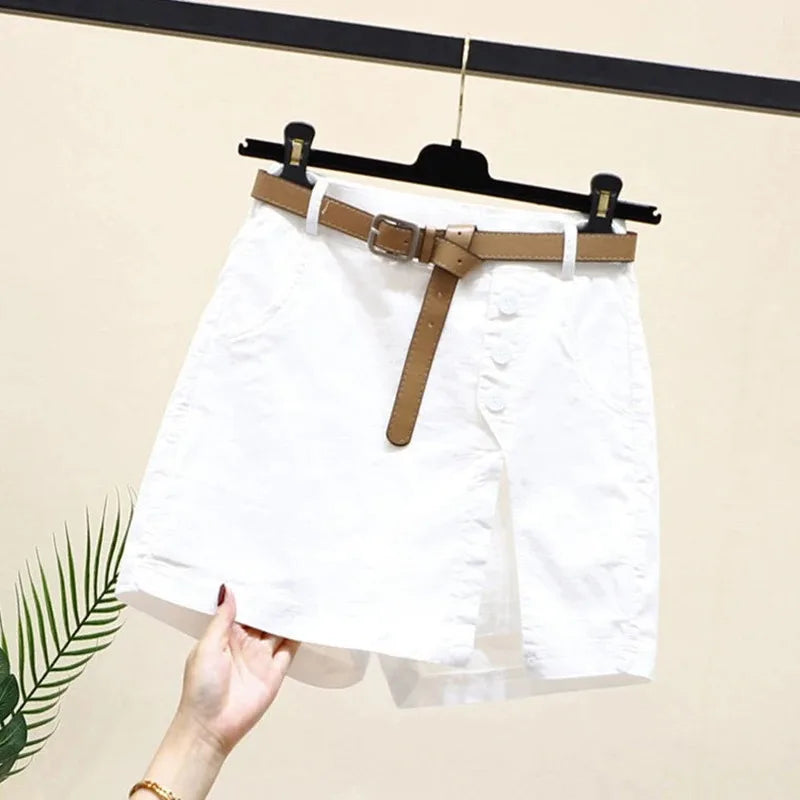 Chic Shorts Women Belt Korean Solid Buttons Side Slit A-line Streetwear.