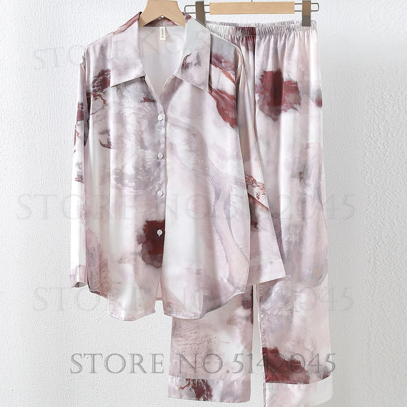 Pink Print Women 2PCS Pajams Set Spring Summer Sleepwear Loungewear.