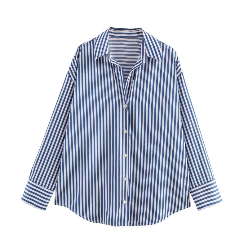 Women's spring new Europe-American fashion striped long sleeve lapel loose.