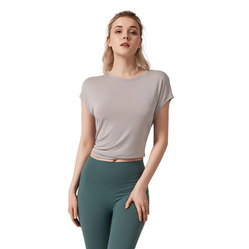 Women's Split Side Yoga Top Sexy Open Back Fitness T-shirt.