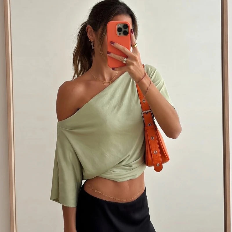 Solid One Shoulder T-shirt Women Tops Summer Short Sleeve Crop Top.
