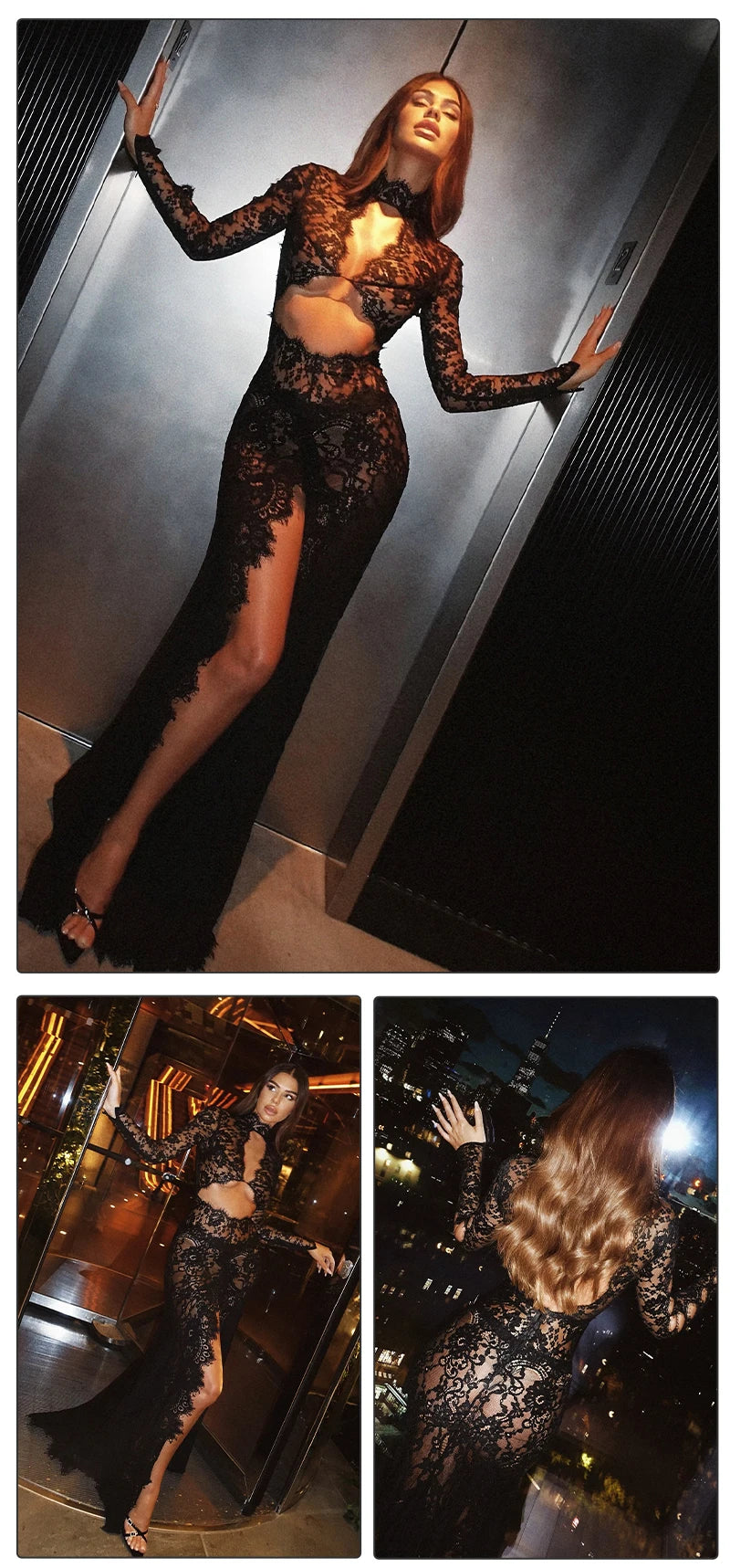 Women’s VC Black Lace Cut Out Long Dress Backless High Split.