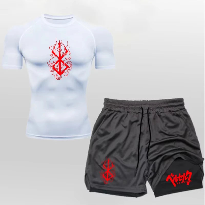 Men's Summer Gym Training Athletic Set - Short-Sleeve Compression Undershirt.