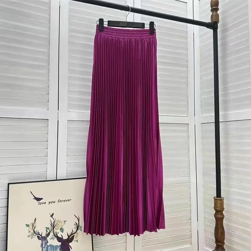 Women's Long Satin Metal Luster Pleated Skirt Half-length Accordion Skirt.