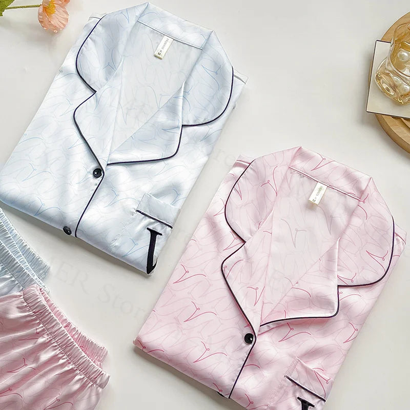 2PCS Pjs Sleepwear Women Summer New Pyjamas Suit Leopard Satin.
