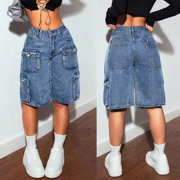 Fashion Pockets Women Acid Wash Cargo Denim Shorts.