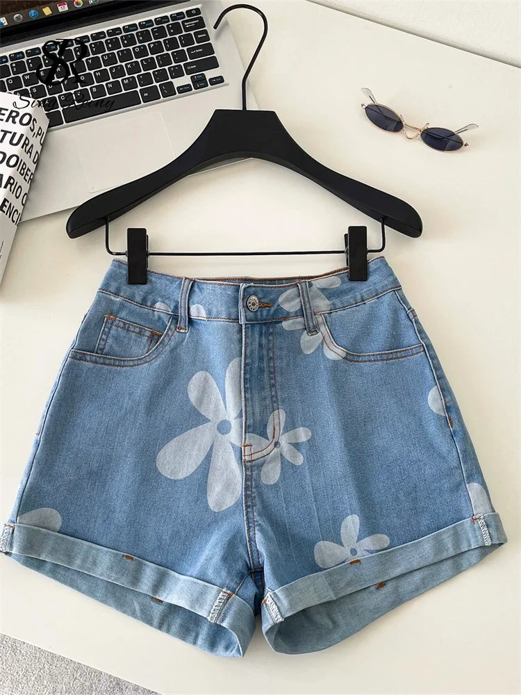 SINGREINY Print Denim Shorts Casual Korean Style High Waist Slim.