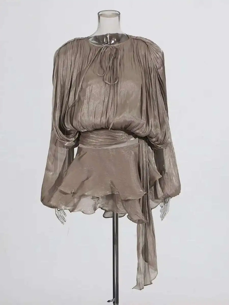 TWOTWINSTYLE Solid Blouse Mini Dresses For Women V Neck Long Sleeve.