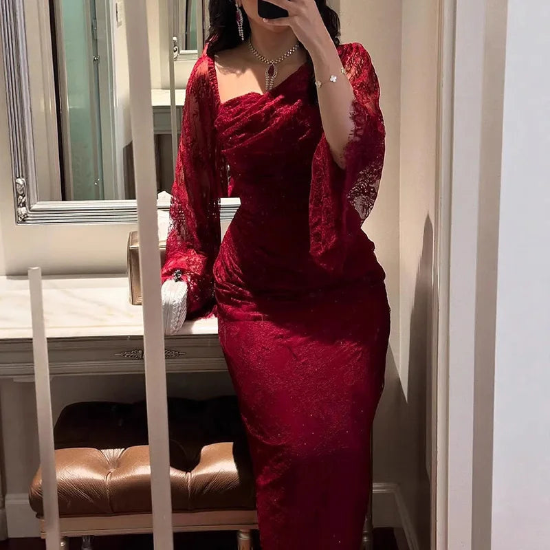 Women's Party Dress Fall Asymmetrical High Waist Draped Banquet Dress.