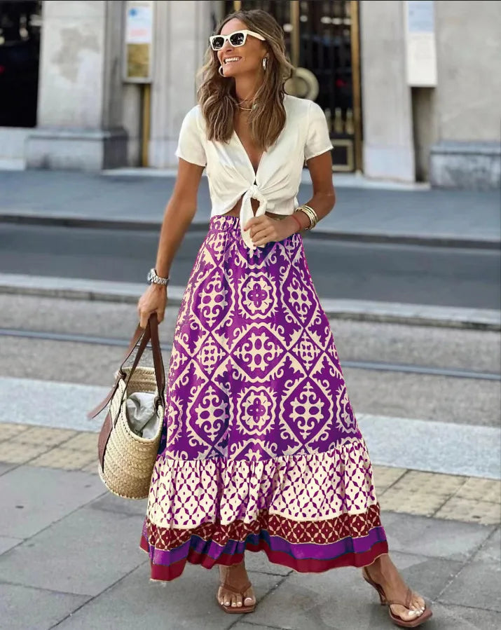 Women's Elastic Waist Printed Large Swing Skirt, Boho Spliced Midi Skirt.
