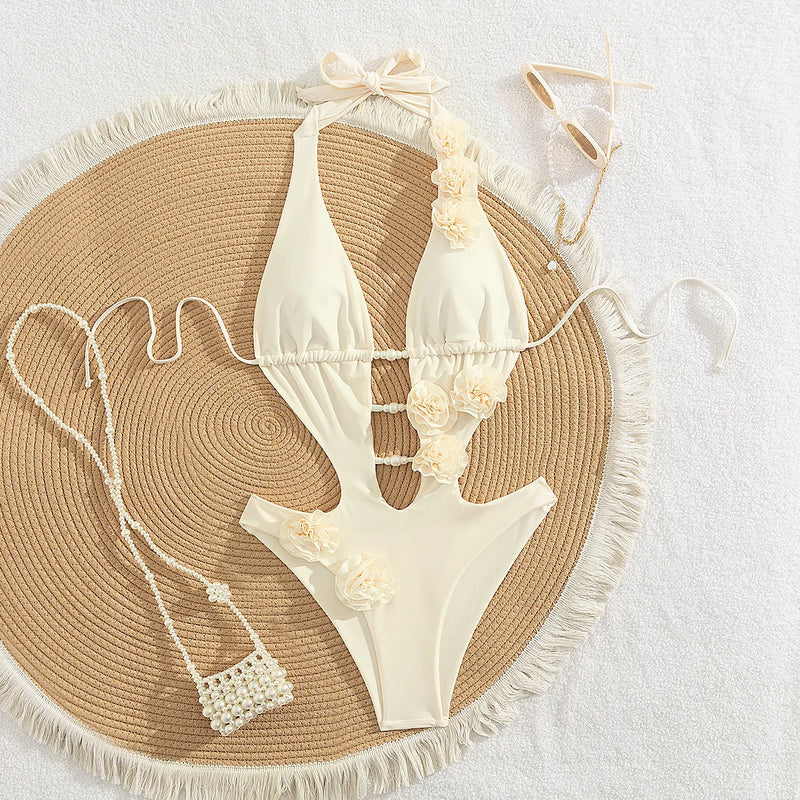 3D Flowers One Piece Swimsuit Women Solid Sexy Hollow Out Swimwear.