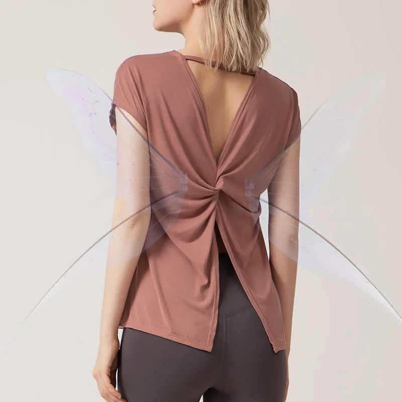 Women's Split Side Yoga Top Sexy Open Back Fitness T-shirt.