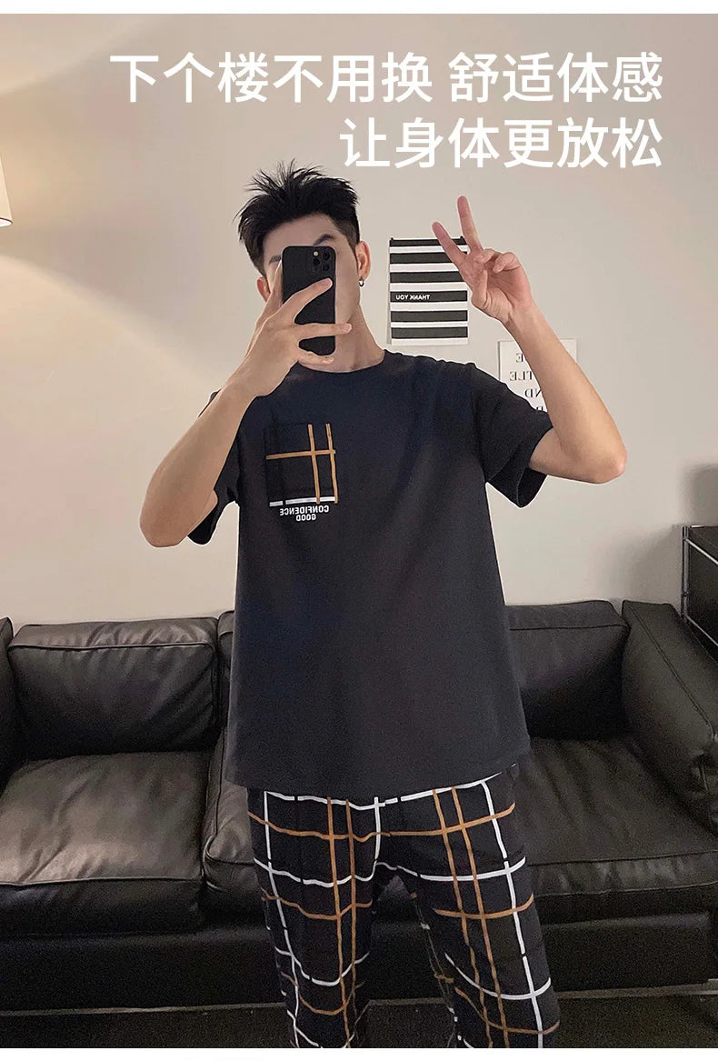 Summer Knitted Plaid Cool Mens Pyjamas Pajamas Casual Pjs Lounge Sets.