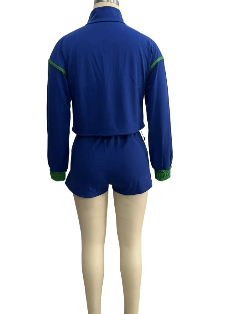 Beyprern Casual Contrast Color Two Piece Set Women Quarter Zip Long Sleeve Crop Top.
