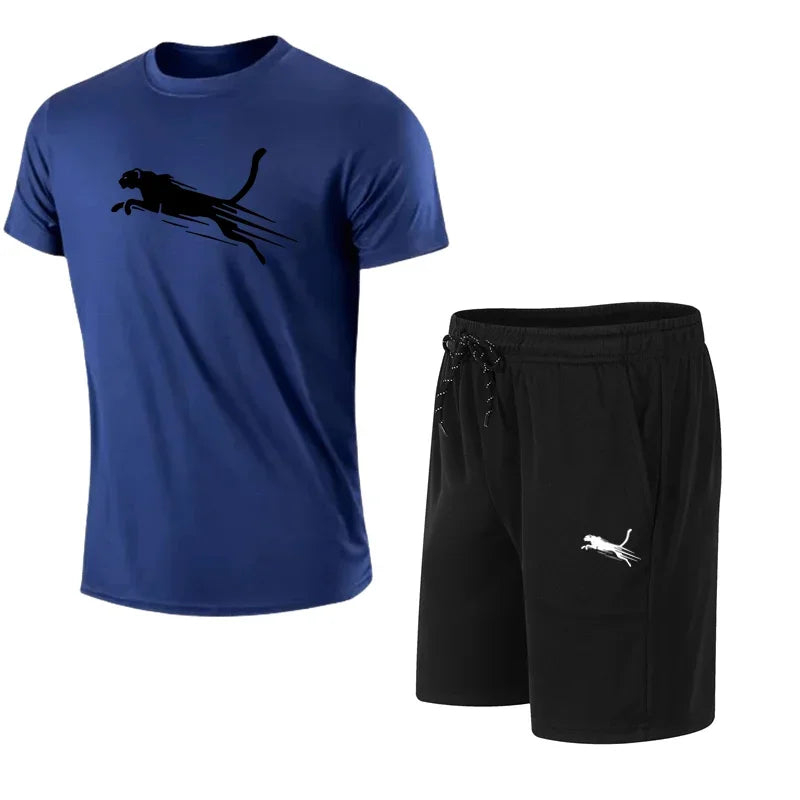 Summer Men's Running Set Cheetah Print Casual T-shirt And Shorts Two-Piece.