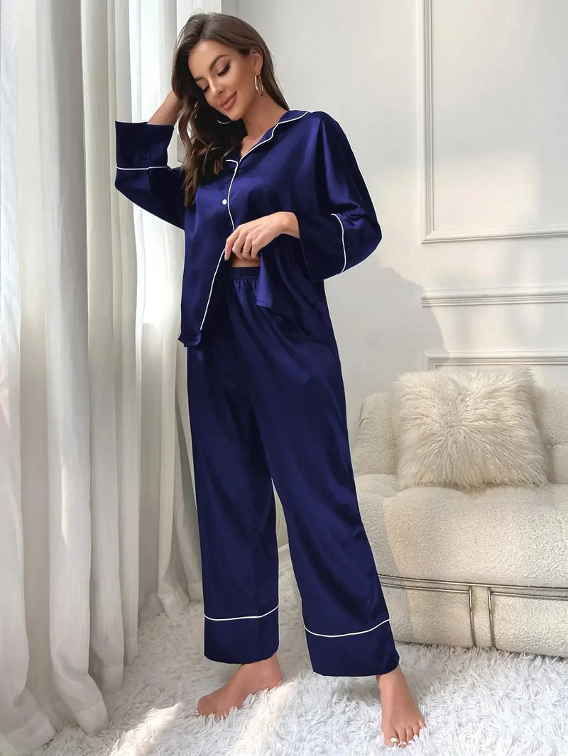Women's Pajama Set Sleepwear Suit Loungewear Pj Set Satin Long Sleeve Tops.
