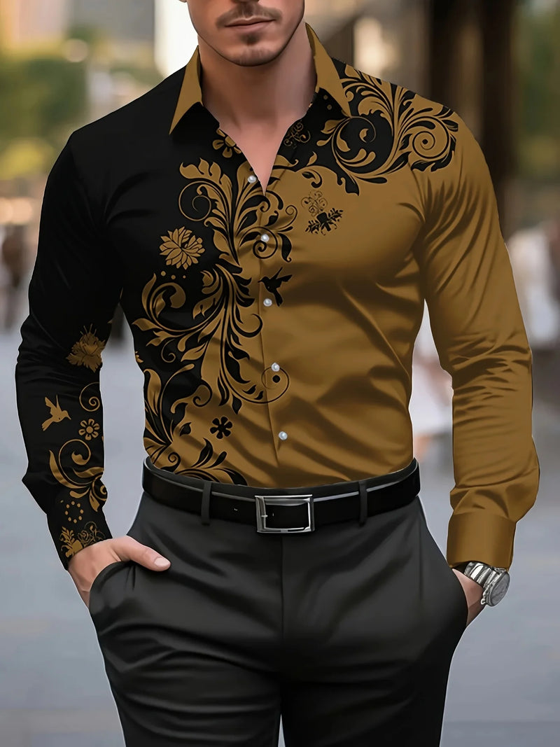 Men's Stylish Red Floral Print Dress Shirt - Casual Long Sleeve Button-Up.