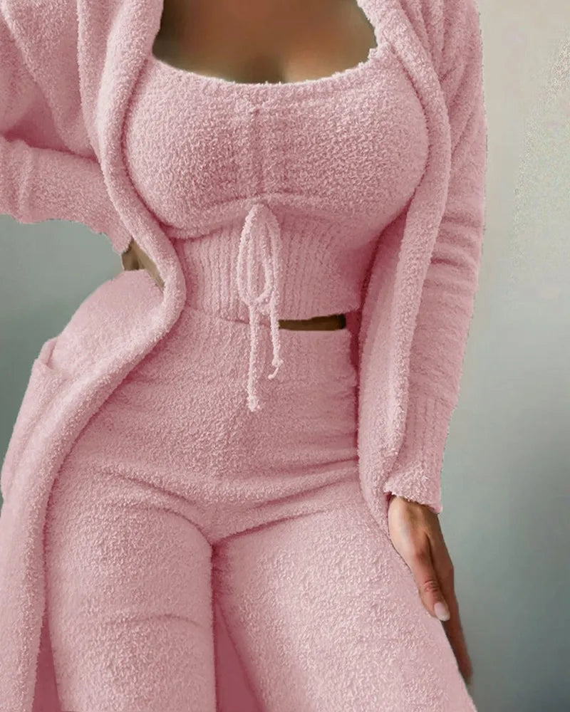 Luxury Women's Plush Pajamas Set Crop Top+Long Pants+Coat 3 Pieces.