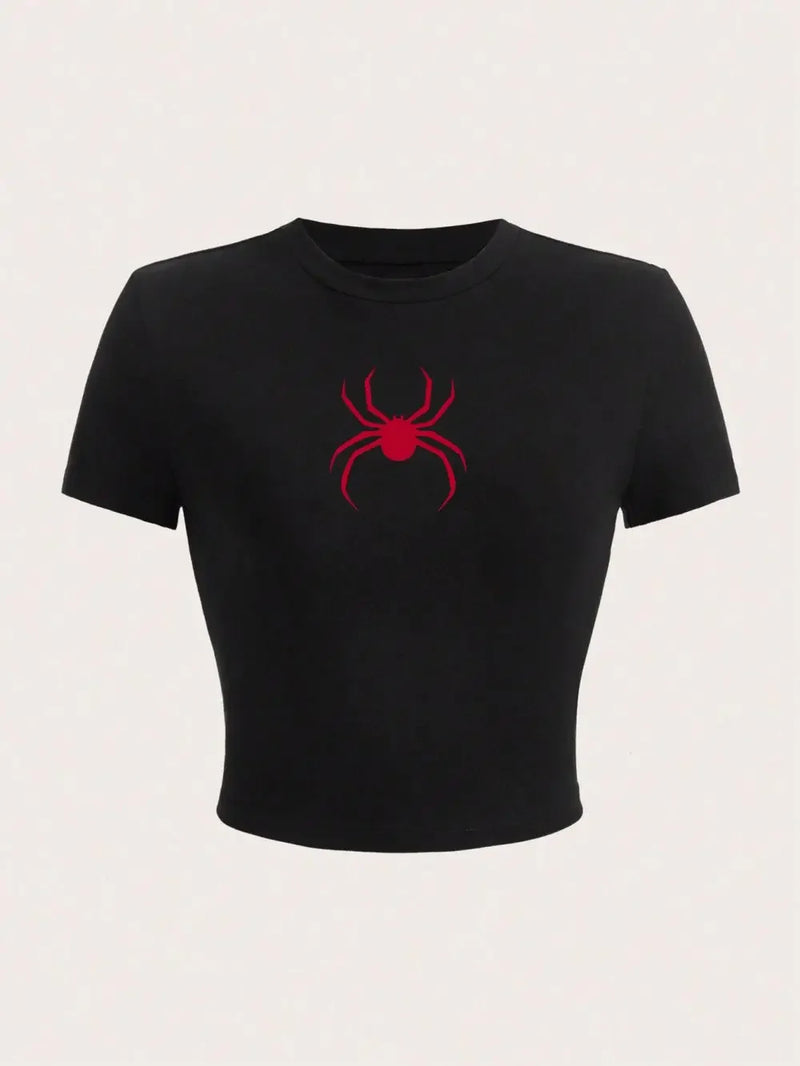 Simple Red Spider Prints Crop T-Shirt Street Cropped Navel Women.