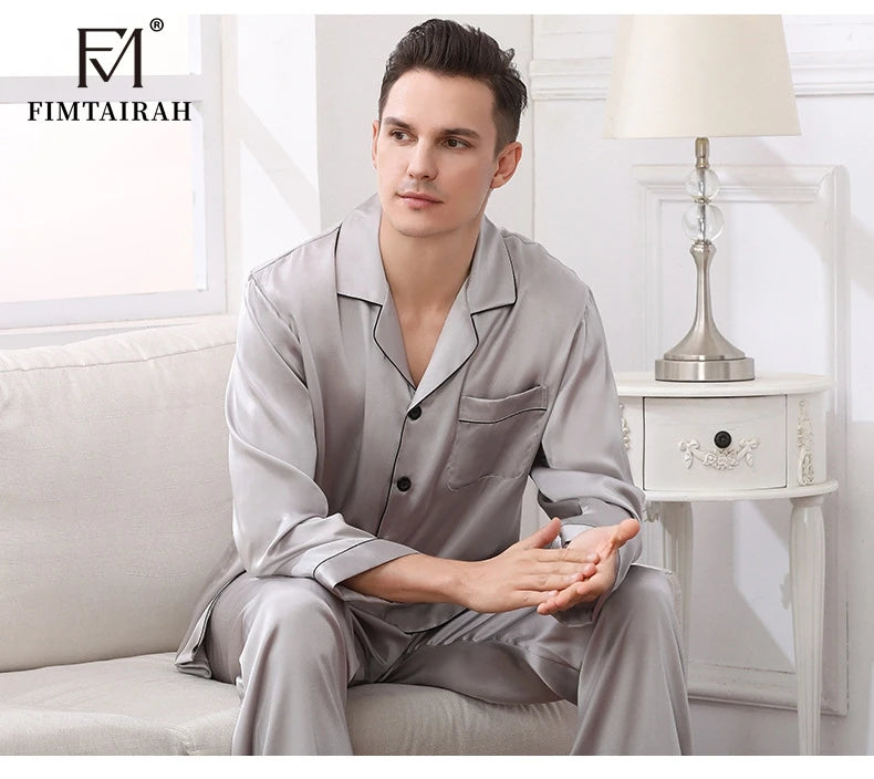 Men's Two Sets Sleepwear Summer Soft Long Sleeve  Home Wear  Mulberry Silk Pijimas.