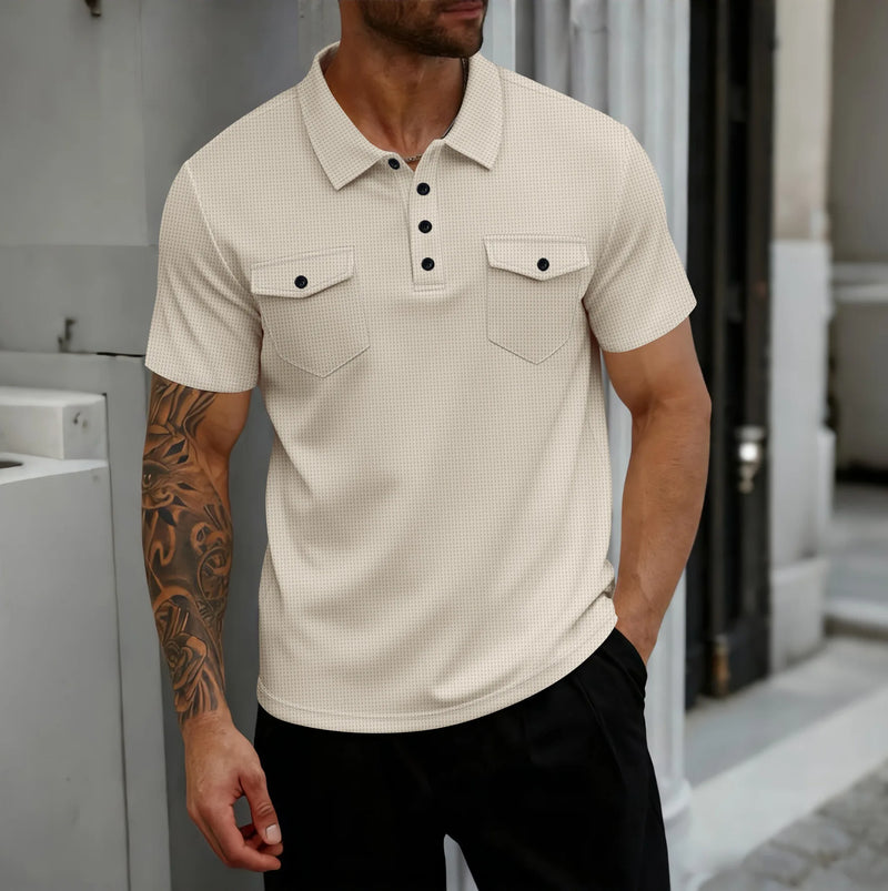 Men’s  button-down solid-color short-sleeved POLO shirt casual T-shirt.