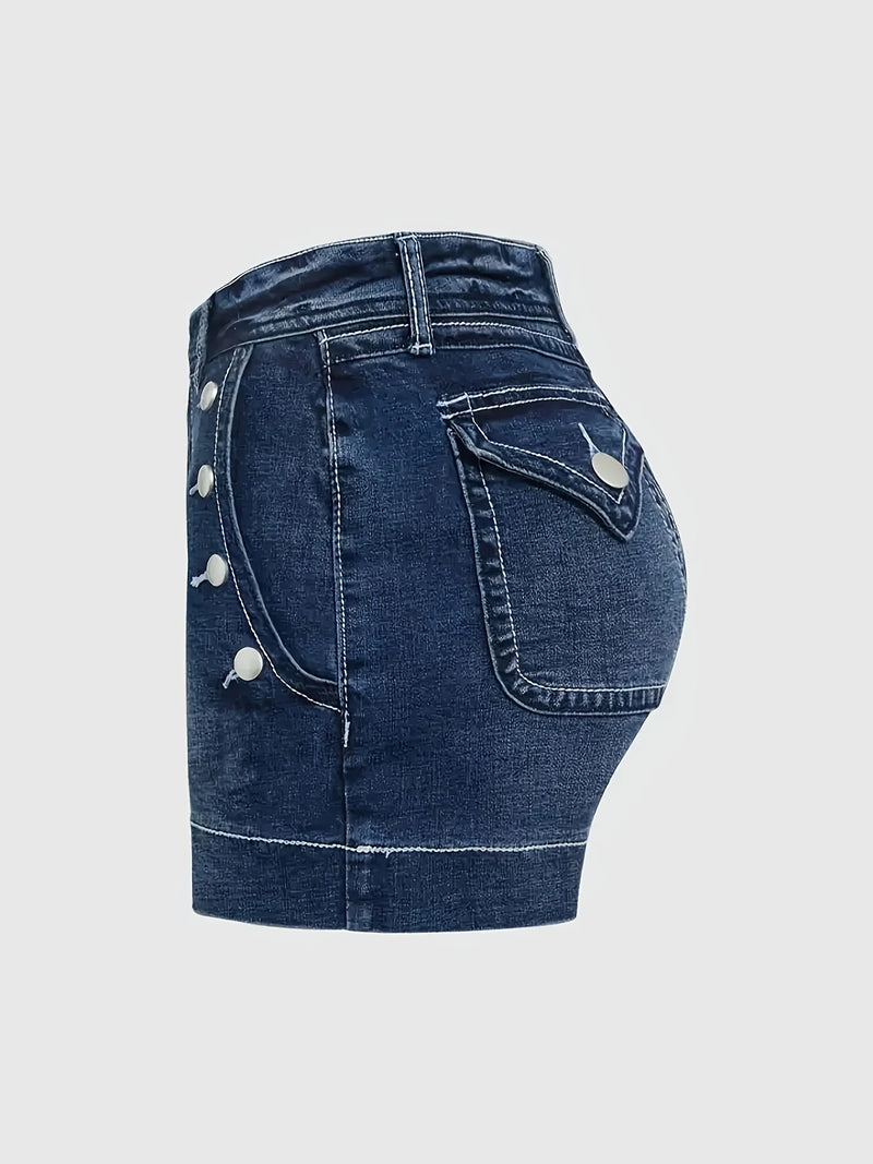 Ladies Mid-Waist Blue Elastic Denim Shorts.