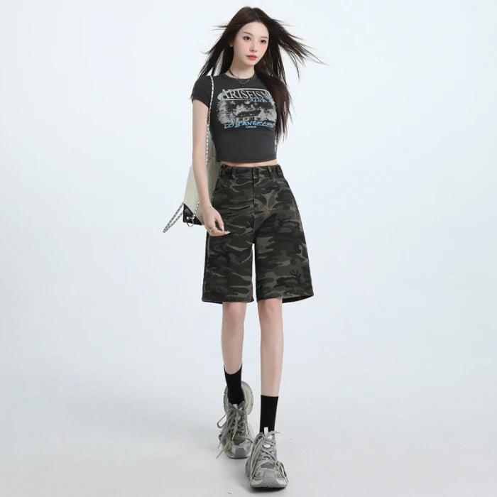 Women's High Waist Loose Straight Leg Camouflage Denim Shorts.