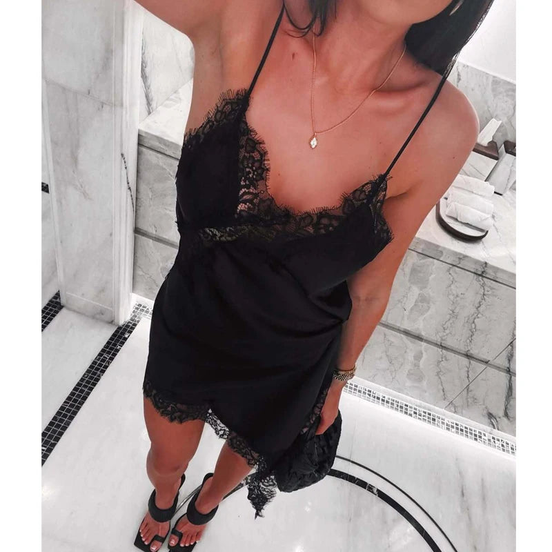 MUJER 2026 Lace Slip Dress Woman Black Backless Short Dresses.