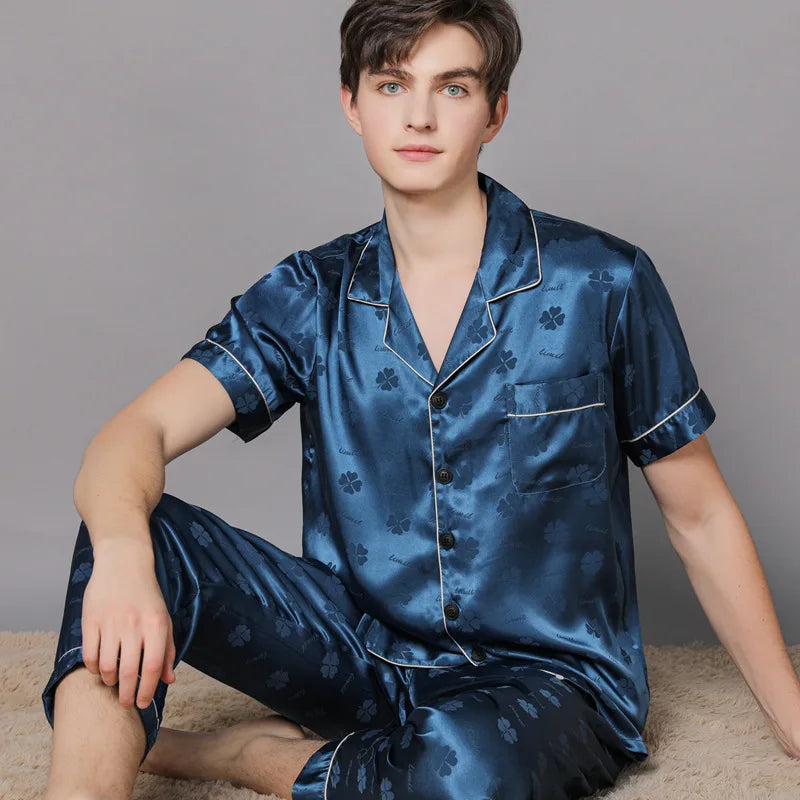 Men Ice Silk Pajamas Suit Summer Plus Size.
