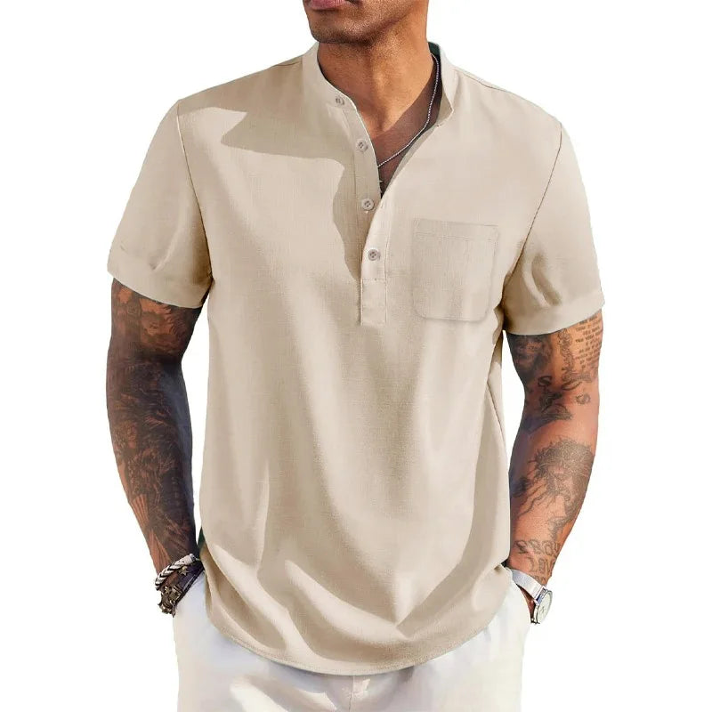 Summer Men's Cotton Linen T-Shirt Henley Neck Pocket Casual Lightweight.