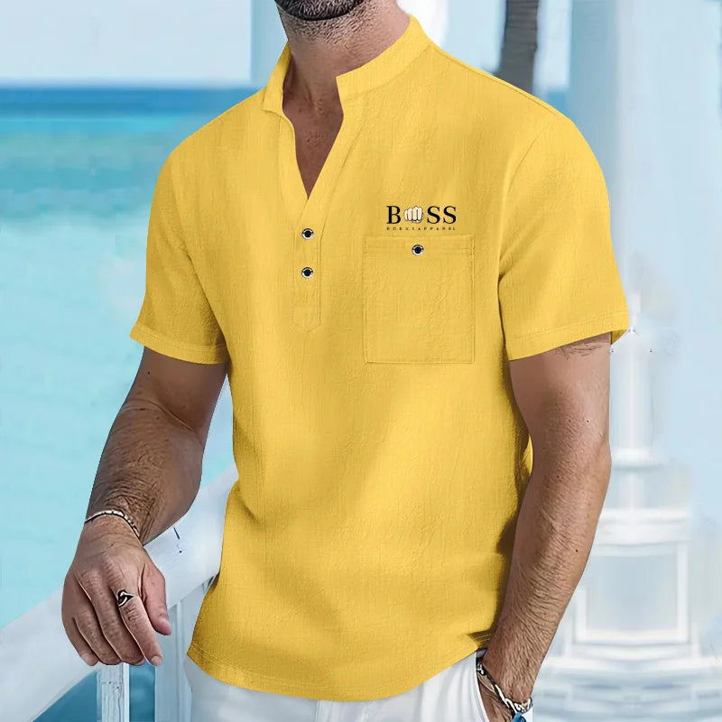Men's stand up collar short sleeved T-shirt Male Cotton and linen.