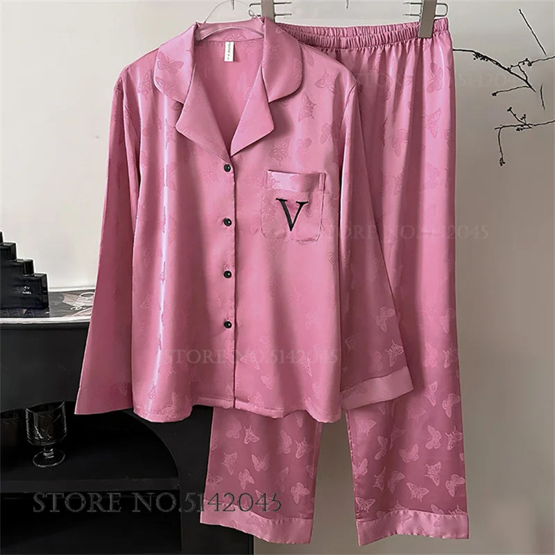 Female 2pcs Pajamas Set Sleepwear Long Sleeve Trouser Pijamas Suit.