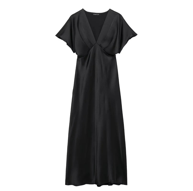 Women’s Sexy V Neck Satin Long Dress.