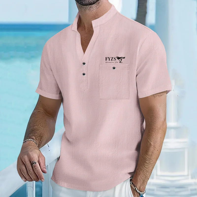 Men's stand up collar short sleeved T-shirt Male Cotton and linen.