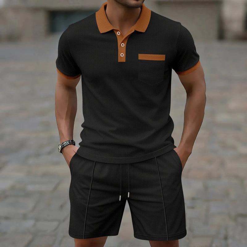 Men waffle pocket color matching POLO shirt short sleeve shirt T-shirt shorts two sets.
