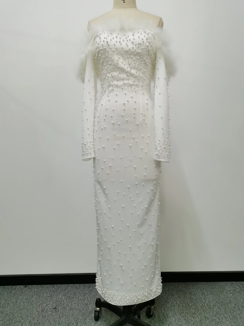 Feather White Dress Party Women Pearls Long Night Dresses.