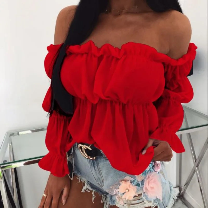 Women's Fashion One-line Collar Waist Shirt Women's Pleated.