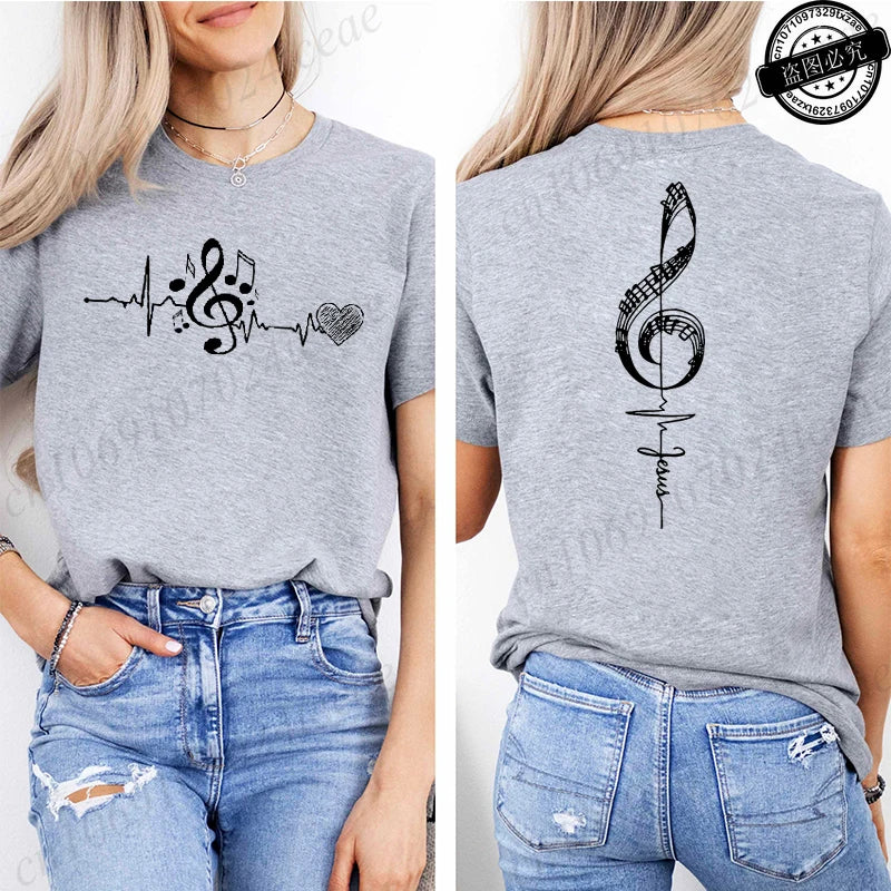Musical Notes Printed T-Shirt for Women,Heartbeat Music Graphic Tee.