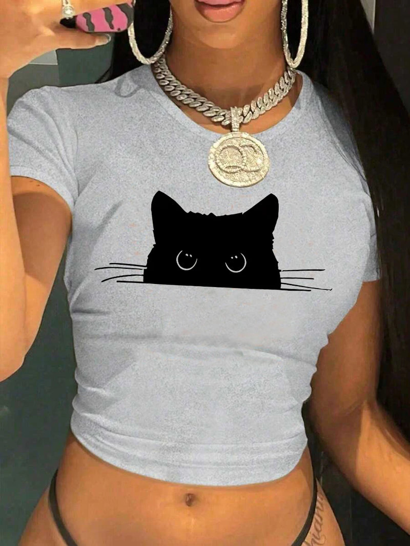 Sexy Cropped Comfortable Cat T Shirt Print Crop Top Short Sleeve Crew Neck.