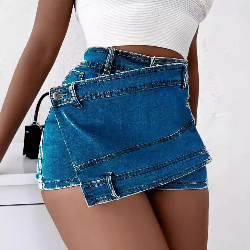 Fashion Irregular Splicing Women's Denim Shorts Summer High Waisted.