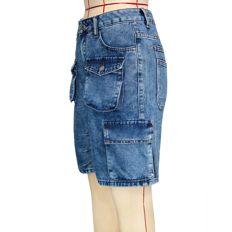 Fashion Pockets Women Acid Wash Cargo Denim Shorts.