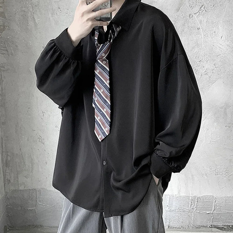 Korean Style Men's Long-sleeved Shirts Black Tie Cozy Casual.