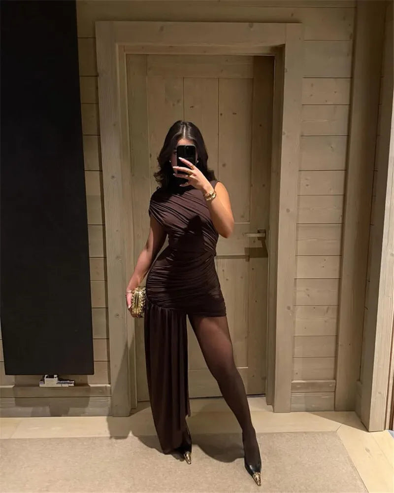 Mozision Irregular Draped Ruched Sexy Mini Dress For Women.