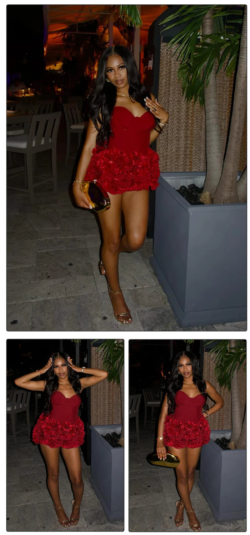 VC Christmas Dress Strapless Backless Red Structured Floral Embellished Mini Length.