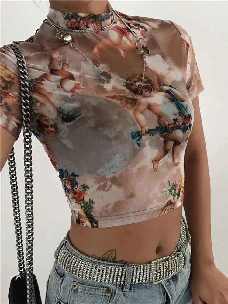 Angel Print MeshSexy T Shirt Crop Top High Neck Short Sleeve Graphic Tees.