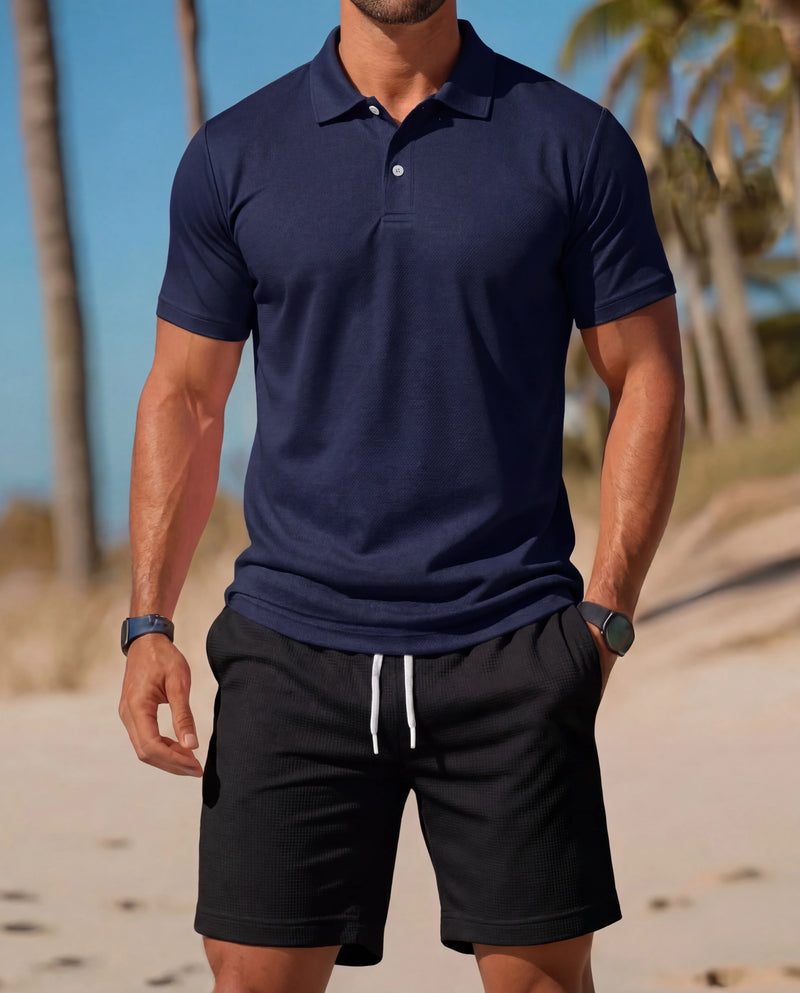 Summer men's Polo shirt, T-shirt and shorts casual set is suitable.