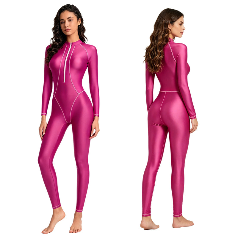 Women Full-body Coverage Rash Guard Bathing Suit Mock Neck Long Sleeves.